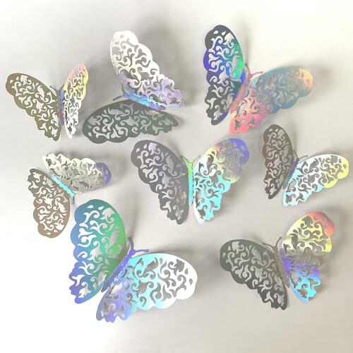 12Pcs 3D Wall Stickers Hollow Effect Crystal Butterflies for Kids Room Wall Decals Home Wedding Party Decoration On the Wall