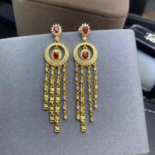925 Silver Natural Ruby Drop Earrings for Women Party Fine Jewelry Real Red Gemstones Eardrops Gifts with Certificate Tassels