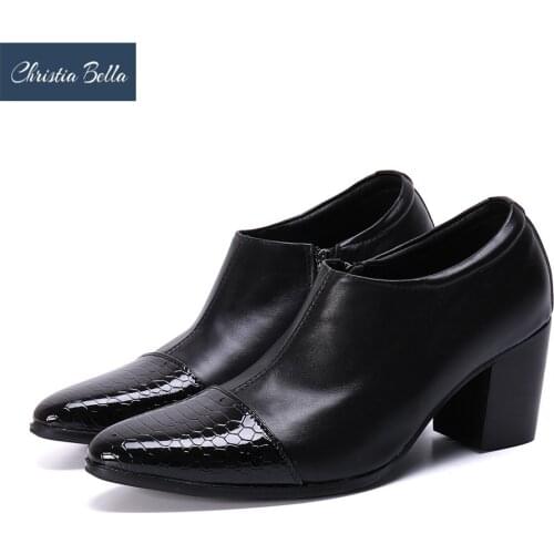 Christia Bella Man Increse Height Black Classic Shoes British Style Snake Skin Zip Ankle Shoes New Fashion Handmade Shoes