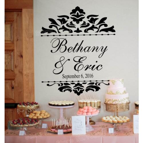 Damask Desin Wedding Reception Wall Decal Fancy calligraphy Font Personalized Names Custom Date Wall Stickers for Wedding ZB595