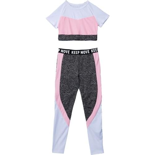 Kids Sport Outfits Girls Yoga Set Casual Gymnastics Workout Tracksuit Short Sleeves Elastic Crop Top Yoga Leggings Fitness Suit