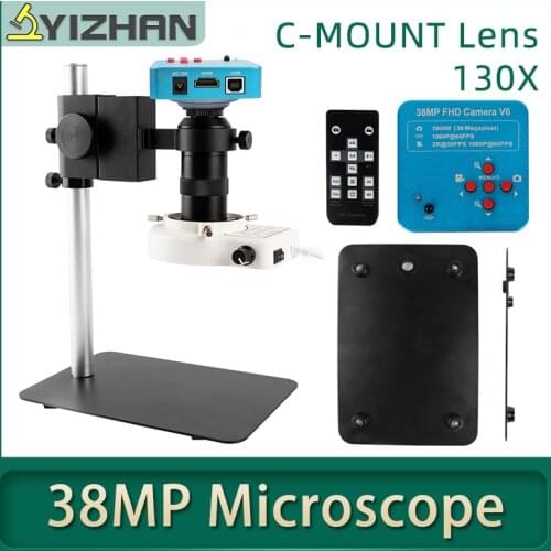 HDMI USB Microscope Set HD 38MP 60FPS 1080P Industrial Microscope Camera+ New Metal Base + 130X C-Mount Lens + 56 LED Light Lamp
