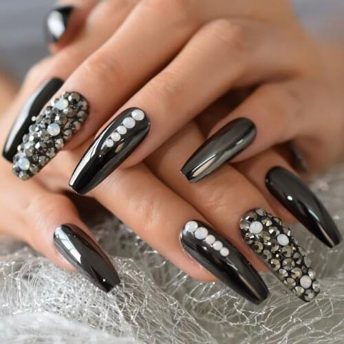 False Pearl Diamond Rhinestone Black Pre Designs Medium Long Supplies For Profeesionals Charms Wholesale Fingernai Tips IMABC