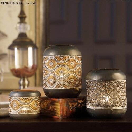 Wrought Iron Retro Candle Holder Ornaments Nordic Romantic Carved European Household Wind Lanterns Home Decoration Accessories