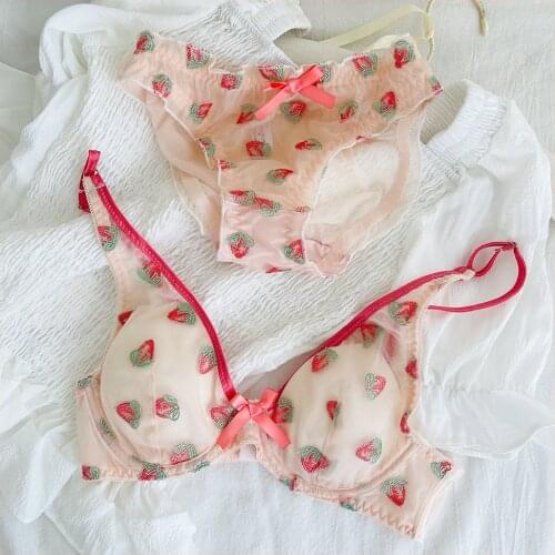 Summer Transparent Lingerie French Underwear Cute Sweet Embroidered Strawberry Girl Bra Briefs Set Mesh Perpective Bra Panty New