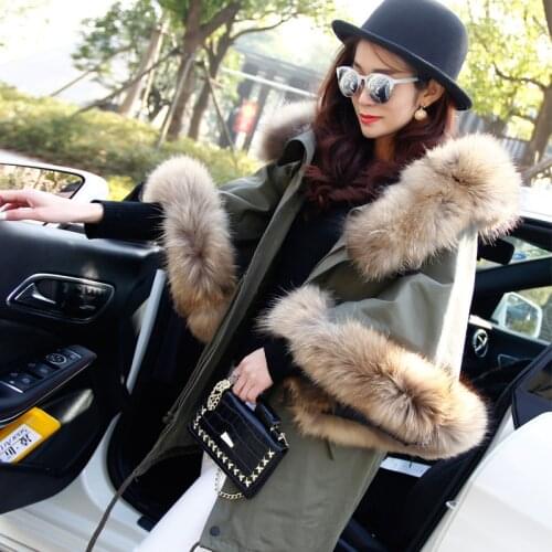 MAOMAOKONG autumn and winter new womens raccoon fur collar green casual coat trumpet sleeve cloak cotton jacket