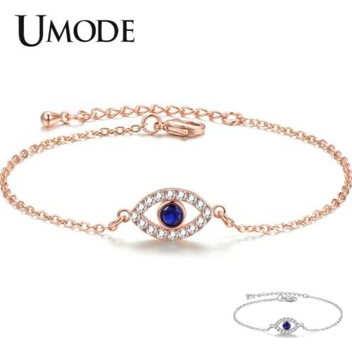 UMODE New Evil Eye Blue&Clear CZ Crystal Bracelet for Women White Gold Box Chain Zircon Bracelet Adjustable Jewelry AUB0166