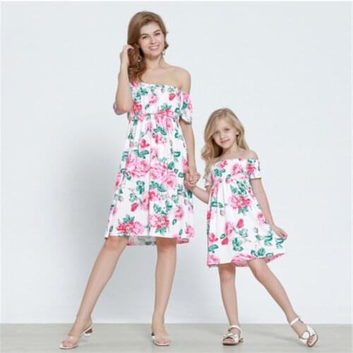 Family Matching Clothes New Mommy And Me Flower Print Word Shoulder Dresses Fashion Mother Daughter Dress Summer