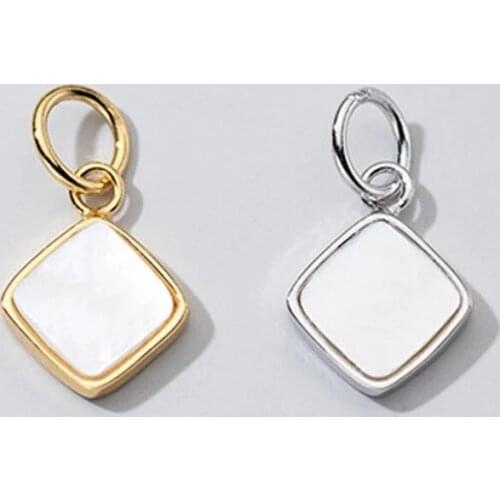 925 Sterling Silver Simple Square Charm Mounted With White Shell DIY Jewelry Making Gift 10mm Women S925 Silver Necklace Pendant