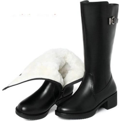 Full Genuine Leather Motorcycle Boots Zip Platform Knee High Boots Nature Wool Warm Winter Snow Boots Women Shoes Size35-43