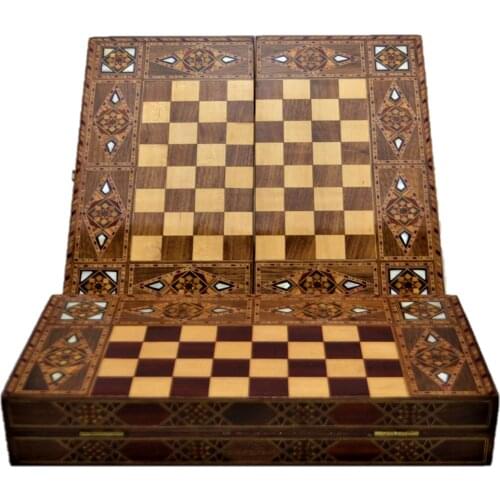 Vintage Game Set Handmade Backgammon Set, Chess Board, Checkers, Natural Solid Wooden, original Pearl Around Board Medium Size