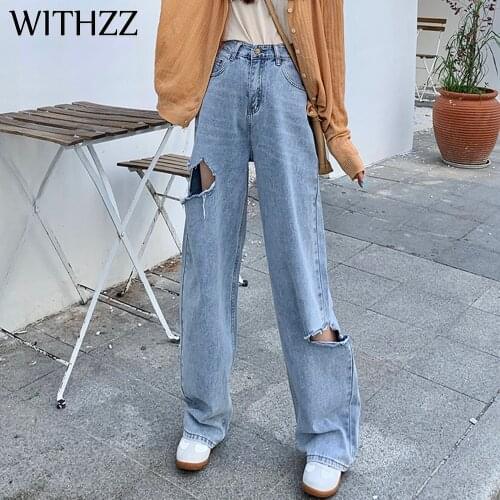 WITHZZ Womens Loose-Fit Vintage High Waist Straight Wide Leg Denim Pants Asian Size Hole Jeans