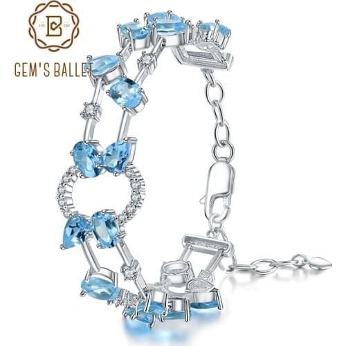 GEMS BALLET Natural Swiss Blue Topaz Bracelet 925 Sterling Silver Pear Oval Gemstone Chain Link Bangles For Women Fine Jewelry
