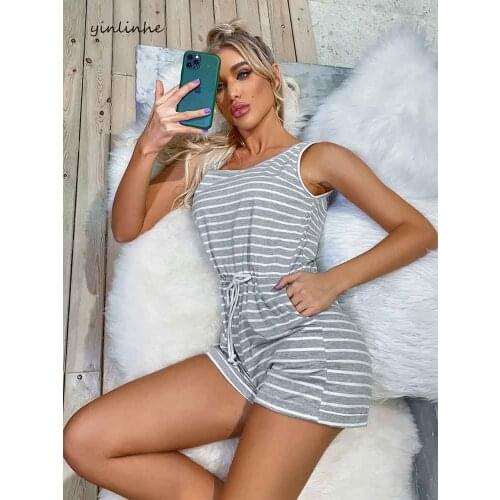 Yinlinhe Grey Striped Casual Overalls For Women Sleeveless Summer Playsuit Slim Waist Short Jumpsuit Women Rompers Outfits 1816