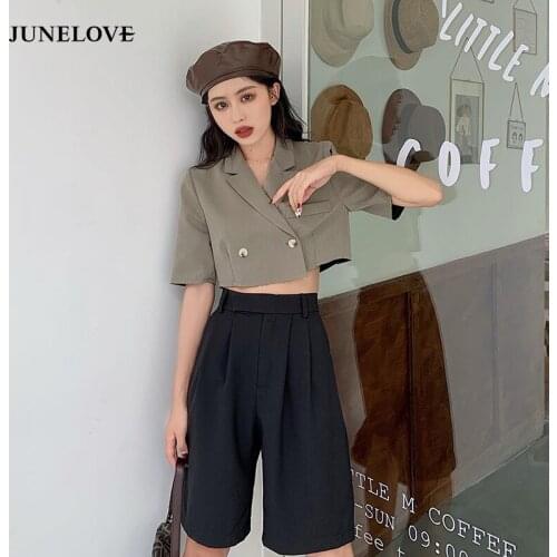 HStar Women Summer Two Pieces Office Lady Suits Vintage Double Breasted Short Blazers+High Waist Shorts Street Sets Fashion