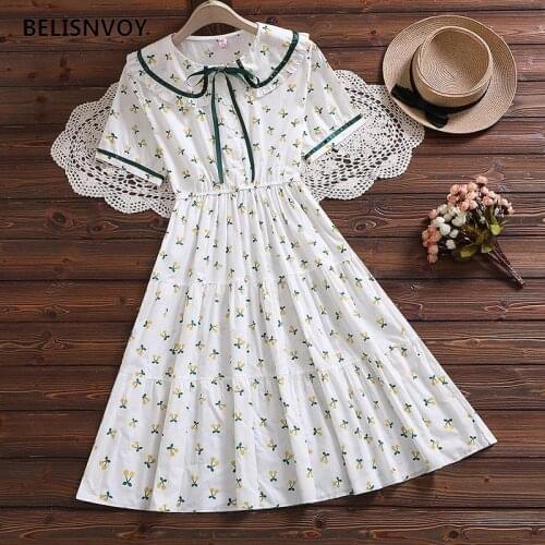 Women Summer Cotton Ruffles Dress With Ribbon Peter Pan Collar Short Sleeve High Waist A-Line Dress Girls Printed Cute Vestidos