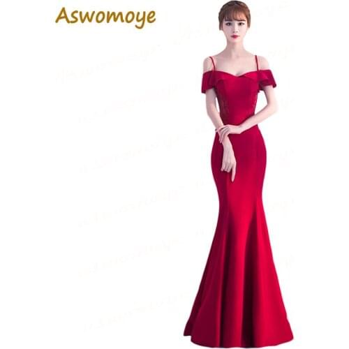 Aswomoye Evening Dress 2018 Sexy Backless Beaded Party Dress Mermaid Prom Dress Custom Ruffles Neckline Robe De Soiree