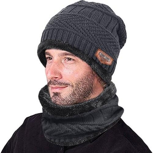 New Design Winter Warm Men Beanie Thicken solid Hat And Scarf Two-Piece Knit Windproof Cap Christmas Gifts