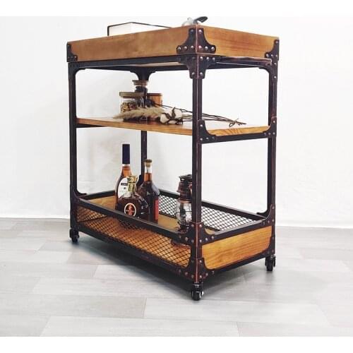 American Country Rivet Vintage Dining Car Drinks Tea Weagon Metal Industrial Style Storage Mobile Trolley