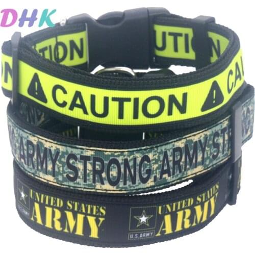DHK 1'' 25mm Dog Collar Caution Army Personalized Adjustable High Quality Ribbons Pet Collars S1576