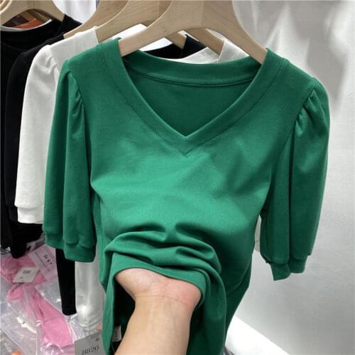 Cotton 95% Green Women T-Shirts Summer New 2021 Solid V-Neck Puff Sleeved Slim Female Pulls Outwear Tops Tees