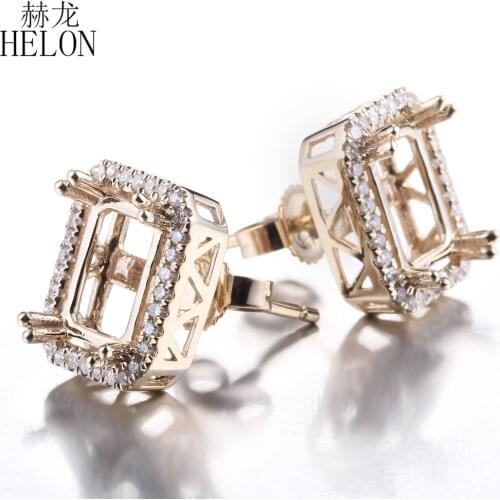 HELON Diamonds Earring Solid 14K Yellow Gold Natural Diamonds Women Jewelry Semi Mount Stud Earring Emerald Cut 5x7-6.75x8.75mm