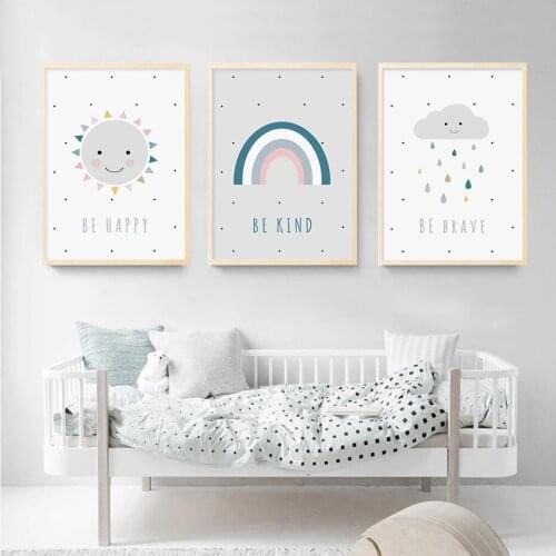 Be Happy Sunshine Rainbow Cloud Canvas Paintings Nursery Wall Art Poster Prints Pictures for Kids Bedroom Home Decoration