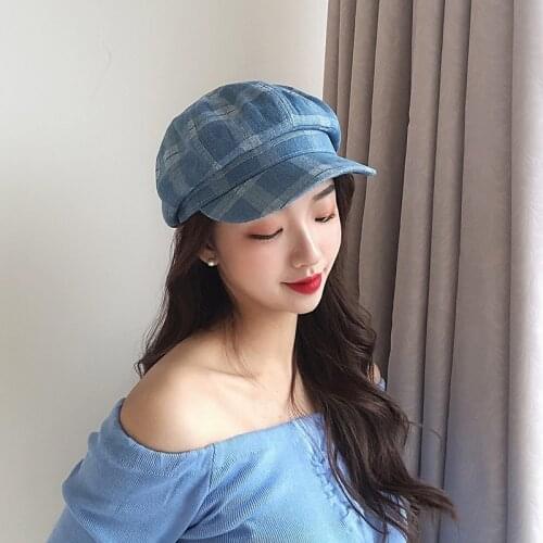 2020 Designer Baker Boy Cap Fall Octagonal Berets for Women Denim Blue Plaid Newsboy Cap Ladies Summer Sun Protection Baret Hats