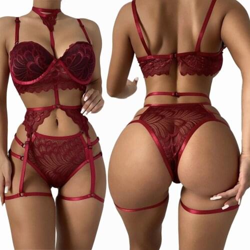 Three Piece Women’s Lingerie Set Sexy Lace Embroidery Bra and Low Waist Panty with Garter Belt 2021 New Fashion