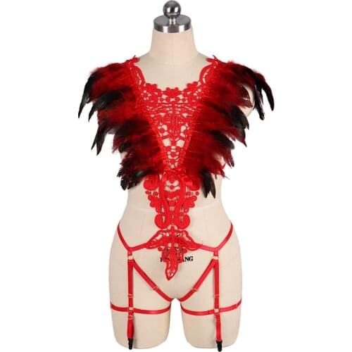 Red Harness Womens Hollow Sling Bandage Lingerie Sexy Cosplay Feather Bra Bandage Club Rave Stockings Garter Belt Set