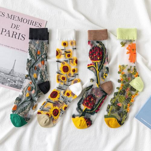 Creative Harajuku New Product Crystal Silk Tide Socks Women Funny Sunflowers Vines Flowers Casual Female Cat High Quality Sox