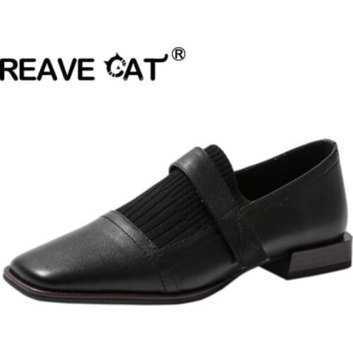 REAVE CAT 2021 Genuine Leather Ladies Flats Patchwork Lofers Hook Loop Square Toe 2cm Heels Size 34-42 Brown Black Apricot A4316