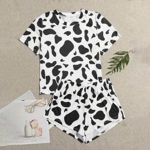 Cute Pajamas For Women Cow Print 2021 Pyjamas Women Short Sleeve Sleepwear Cartoon Print Pijamas Women Summer Home Clothes