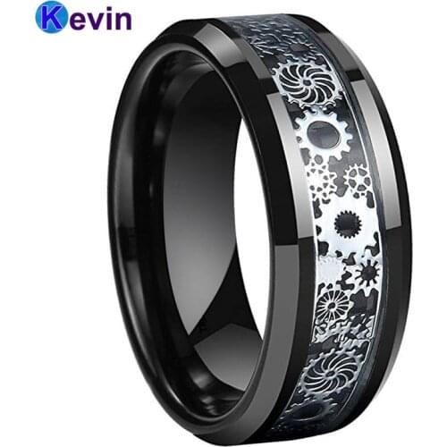 Mens Womens Wedding Band 8MM Gear Ring Tungsten Carbide Ring With Gear wheel Black Carbon Fiber Inlay