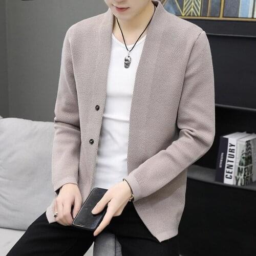2021 Spring and Autumn Mens Cardigan Sweater British Style Slim Fit Simple Plain Color Outerwear Sweater