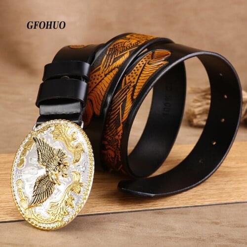 GFOHUO New Fashion Casual Mens Genuine Leather Belts Male Top Quality Eagle Totem Smooth Buckle Retro Belt For Mens Jeans