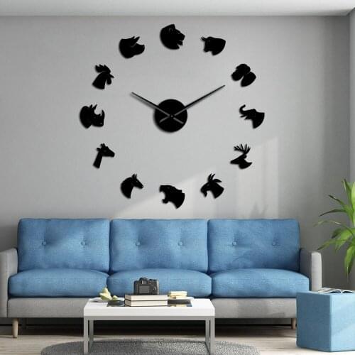 Zoo Animals Wall Art DIY Large Wall Clock Wildlife Mirror Stickers Safari Animal Heads Modern Living Room Decorative Wall Clock
