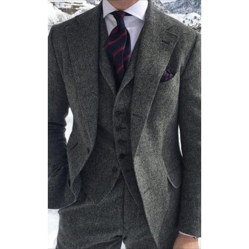 2018 Latest Coat Pant Designs Smoking Grey Tweed Men Suit Jacket Prom Tuxedo Slim Fit 3 Piece Custom Groom Blazer Suits Ternos