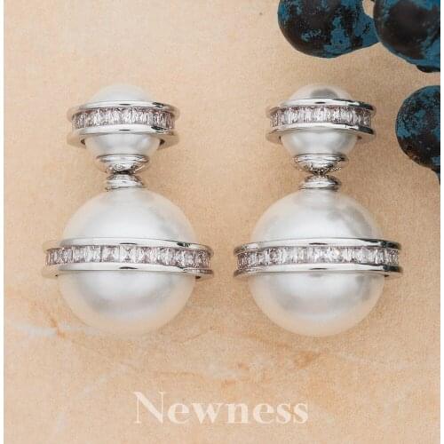 Newness 2019 New Arrival Snow Flower Design Women Big Drop White Pearl Earrings with Cubic Zirconia Wedding Party Gift