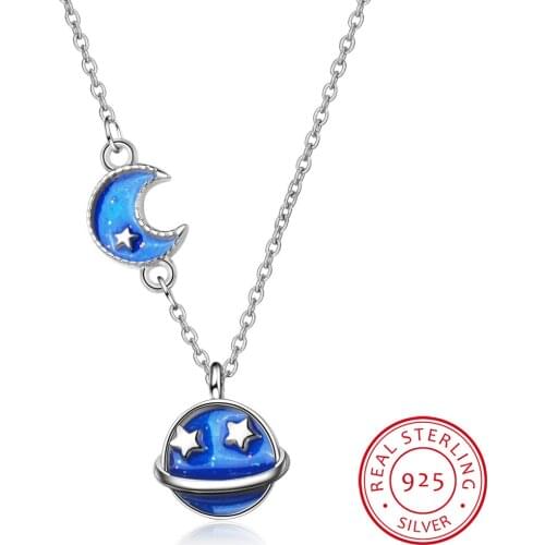 New Fashion Drop Glaze Blue Sky Moon Star 925 Sterling Silver Necklace Fine Jewelry For Women Gift S-N09