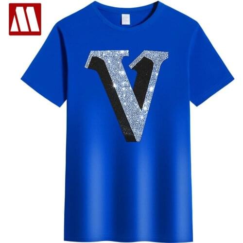 New Mens Shinning V Logo Hot Drilling T-Shirt Male Cotton Short Sleeve Rhinestone Eagle T Shirt Top Tee Fashion 3D Crane Tshirt
