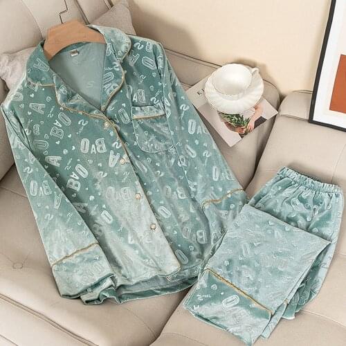 Fdfklak Fall And Winter Golden Velvet Pajamas Set Turn Collar Ladies Pink/Wine Red Warm Sleepwear Comfort Homewears 2PCS