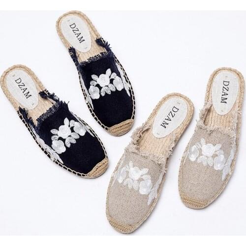 Pantufa Womens Shoes Slippers Cotton Fabric Promotional Hemp Rubber Summer Slippers Fisherman Shoes Zapatos De Mujer Flowers