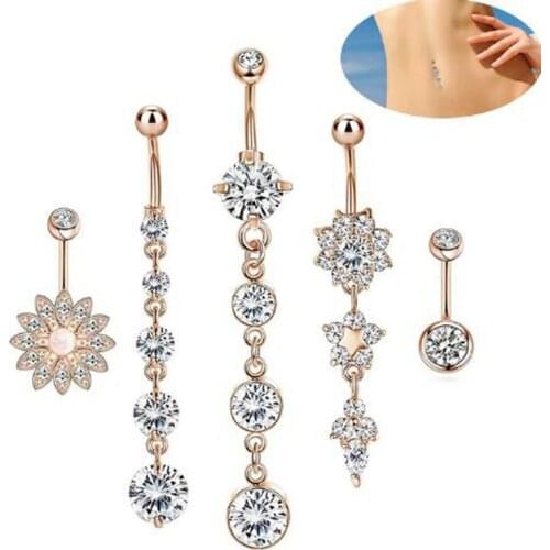 Sexy Dangling Navel 5 pcs/set Belly Button Rings Belly Piercing Crystal Surgical Steel 14g Woman Body Jewelry Barbell