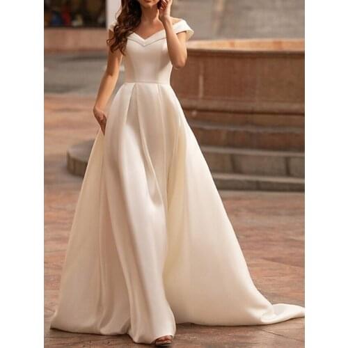 A-Line Wedding Dress Tube Top Satin Sleeveless Formal Dress Simple Round Tie Beaded Backless Atmospheric Wedding Dress Cер
