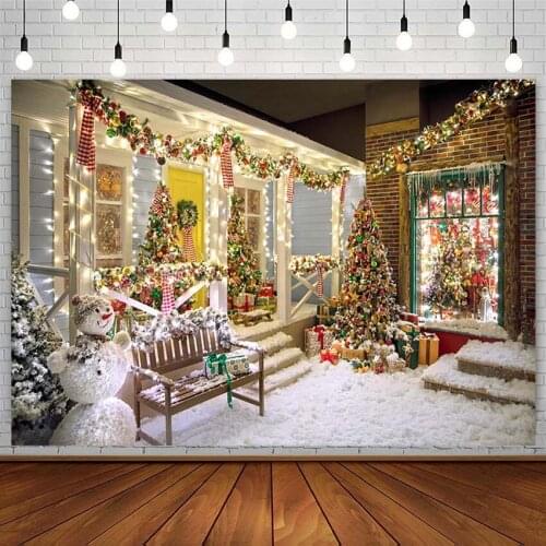 Merry Christmas Backdrop Tree Snowman Sock Gift Shop Bell String Lights Photography Background Photostudio Photozone Decor Props