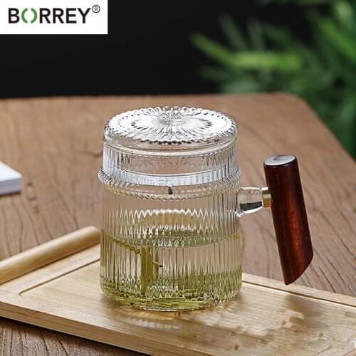 BORREY Heat-Resistant Glass Tea Cup With Wooden Handle Filter Vertical stripes Teapot Puer Kettle Flower Tea Set Coffee Teaware
