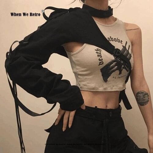 Women Streetwear Punk Crop Tank Tops Patchwork Long Sleeve Tops Summer Print T-shirts Gothic Style Hipsters Tops VD2177