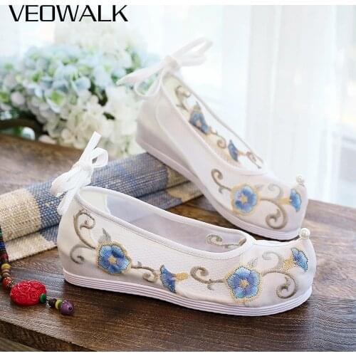 Veowalk Summer Women Patchwork Gauze Cotton Chinese Style Platform Flats Vintage Ladies Ankle Strap Costume Shoes White Red
