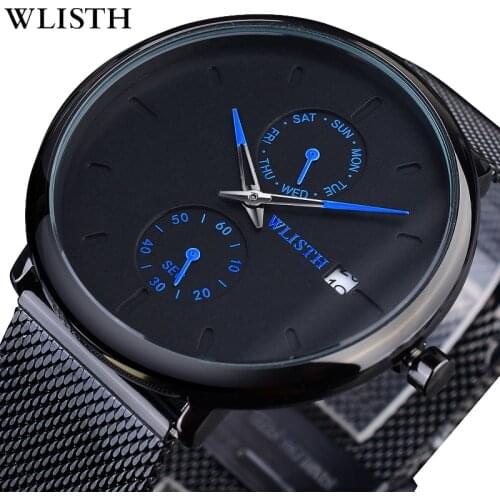 WLISTH Mens Fashion Black Quartz Watch Stainless Steel Waterproof Male Watches Luxury Brand Casual Business Sport Date Clock